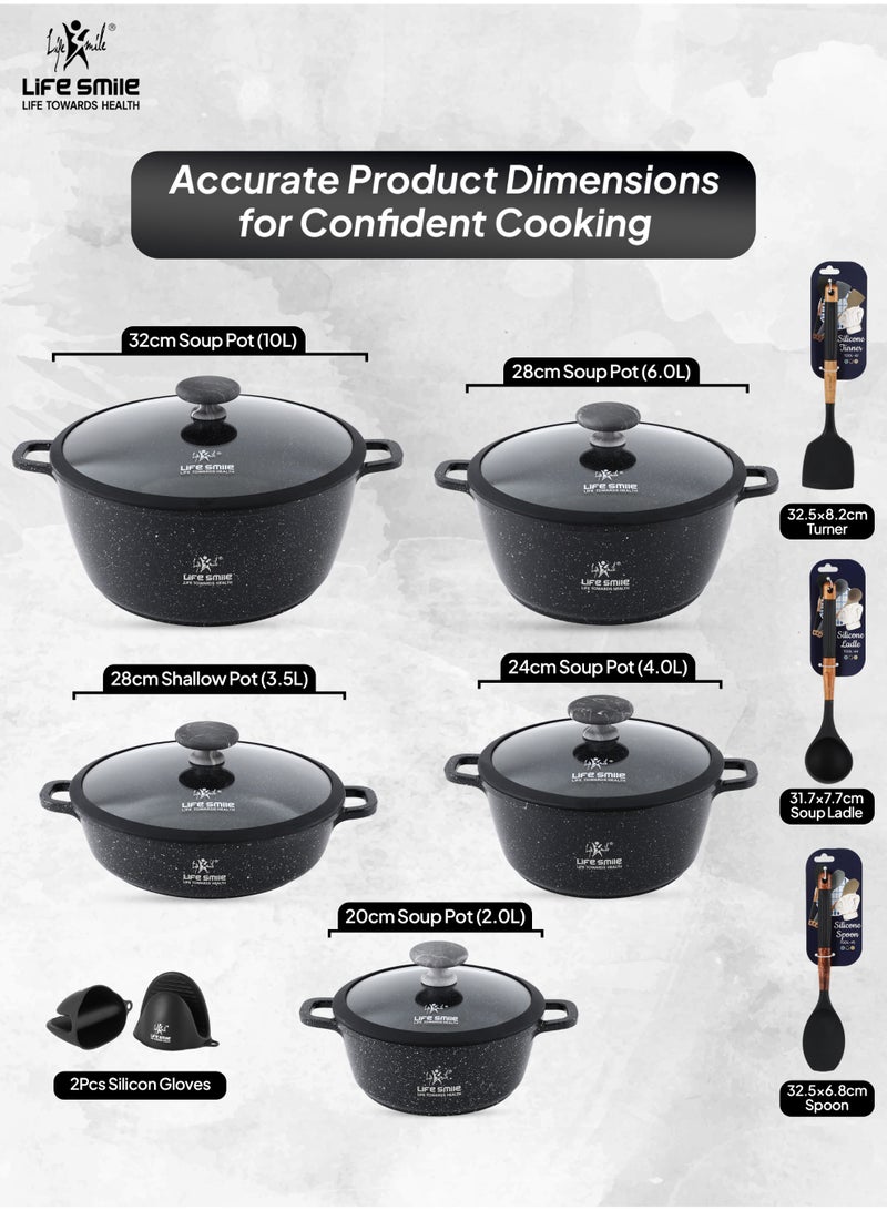 Life Smile Multi Layer Granite Non-Stick Cookware Set with Induction Bottom – 20/24/28/32cm Aluminium Soup Pots with Lid,28cm Shallow Pot with Lid,3pcs Silicone Utensils & 2pcs Silicon Gloves – Oven Safe - Image 3
